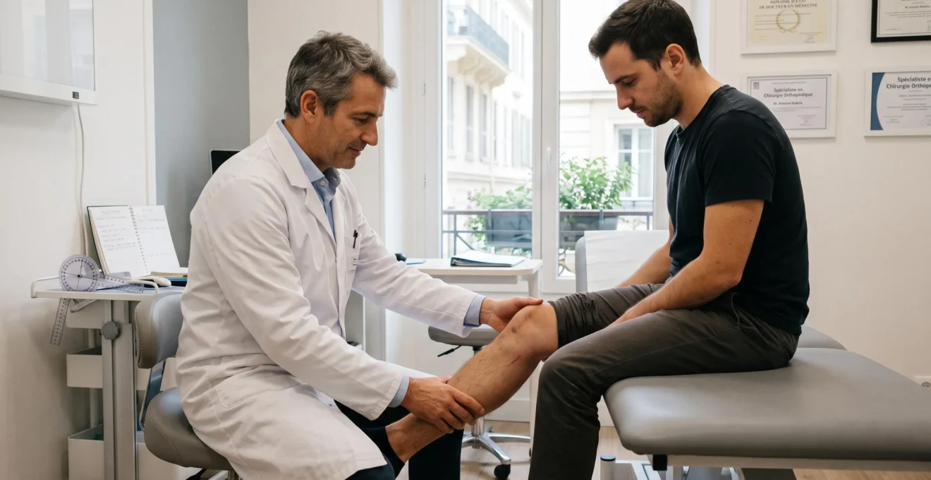 Chirurgien orthopédiste examinant l'amplitude de flexion du genou d'un patient lors d'une consultation de suivi post-opératoire à 3 mois dans un cabinet médical moderne à Nice