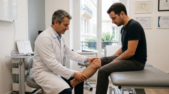 Chirurgien orthopédiste examinant l'amplitude de flexion du genou d'un patient lors d'une consultation de suivi post-opératoire à 3 mois dans un cabinet médical moderne à Nice
