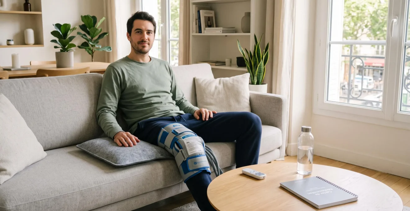 Patient utilisant un dispositif de cryothérapie sur son genou opéré dans un cadre de récupération à domicile, jambe surélevée sur coussin avec matériel de suivi visible