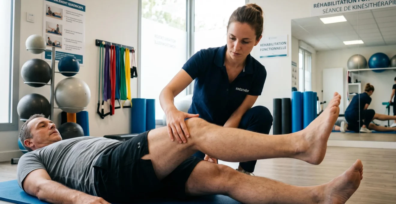 Patient effectuant un exercice de renforcement musculaire du quadriceps sous la supervision d'un kinésithérapeute lors d'une séance de rééducation post-opératoire du genou