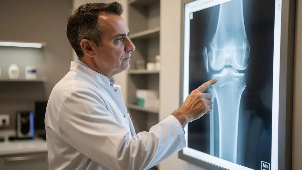 Chirurgien orthopédiste analysant une radiographie du genou pour déterminer le type de prothèse adapté